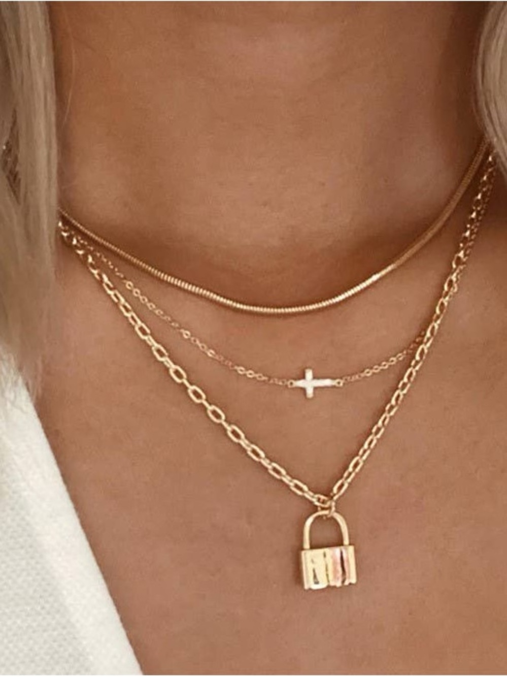 Waterproof Tarnish Free Layered Padlock & Cross Trio Necklace - Women's Jewelry